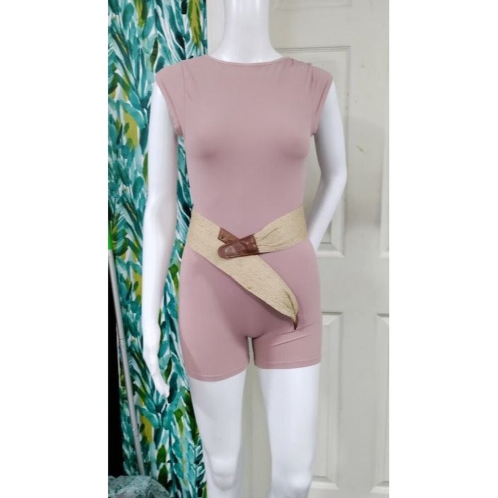 Woven Straw Elastic Belt With Brown Leather Accents